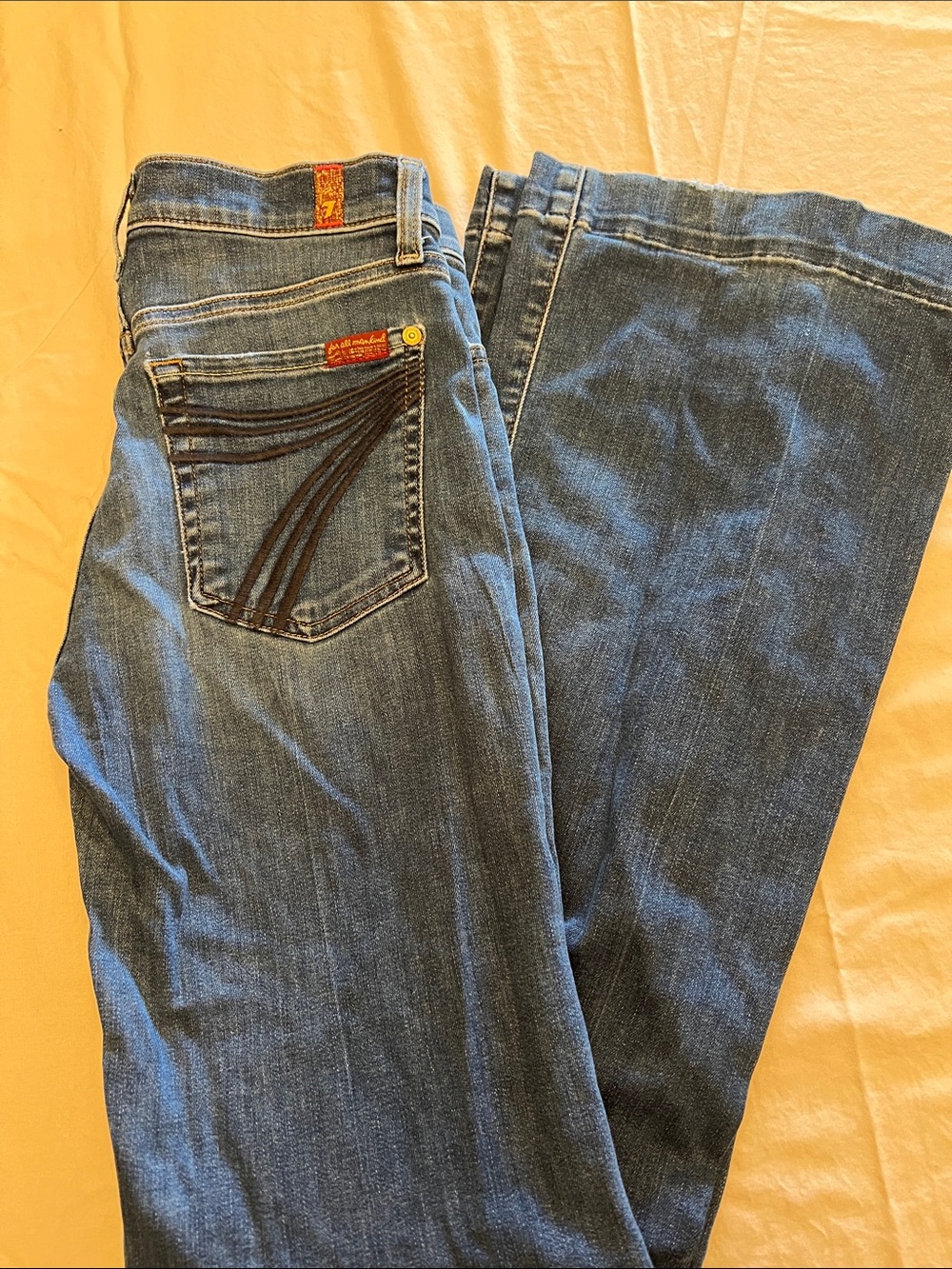7 For All Mankind Women's Blue Flare Jeans with Contrast Pocket Stitching